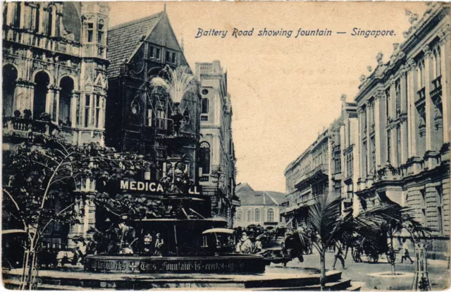 PC SINGAPORE, BATTERY ROAD SHOWING FOUNTAIN, Vintage Postcard (b47583)