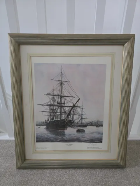 Signed Print of HMS Warrior in Hartlepool by J. E. Wigston