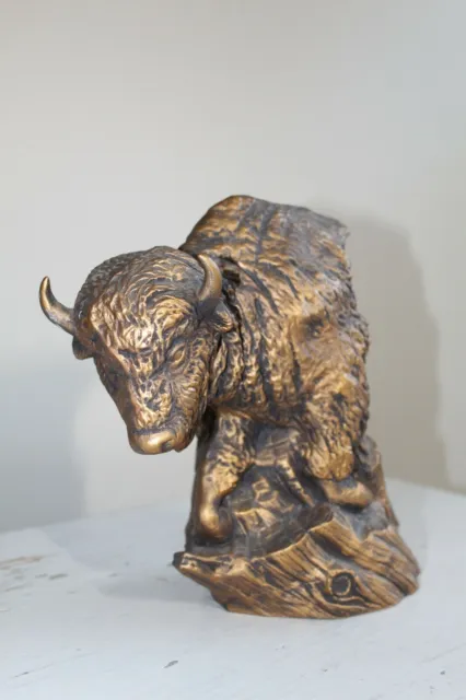 Fired Greenware Buffalo Bison Bust ~ Painted Bronze Gold Tone Ceramic Desk Top