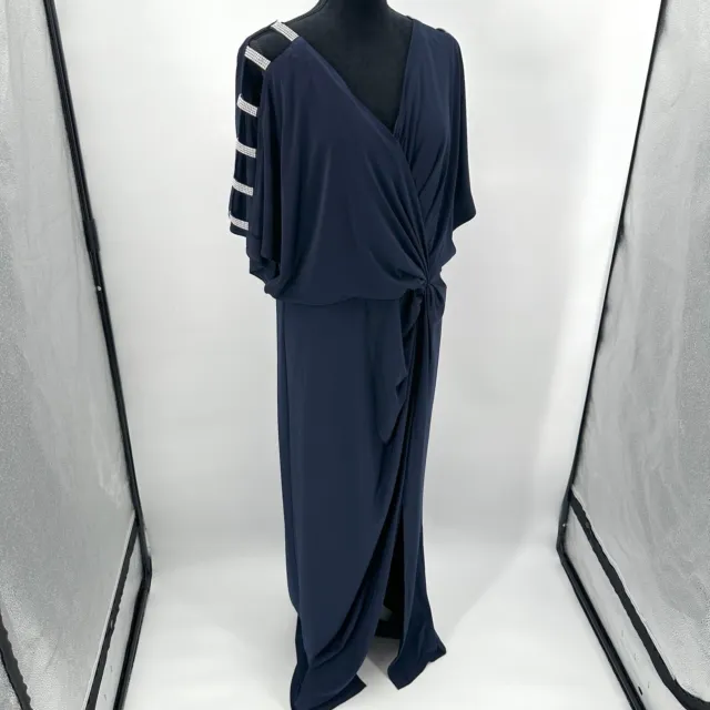 Alex Evenings Gown 18 Embellished Sleeve Knot Front Navy Blue Jersey Elegant New