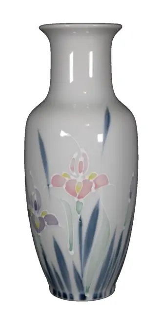 FLORAL LITE IRIS Hand Painted VASE Pastel White Ceramic raised OTAGIRI JAPAN 8"