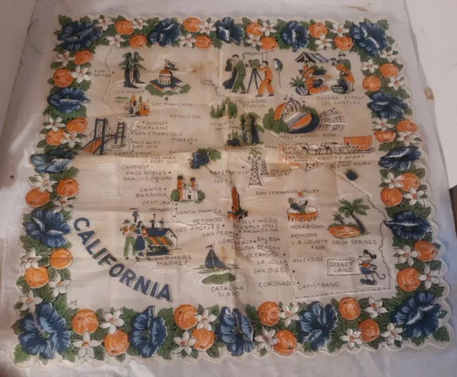 Vtg Souvenir Disneyland Mickey Mouse Map Scarf Hankie California State Floral