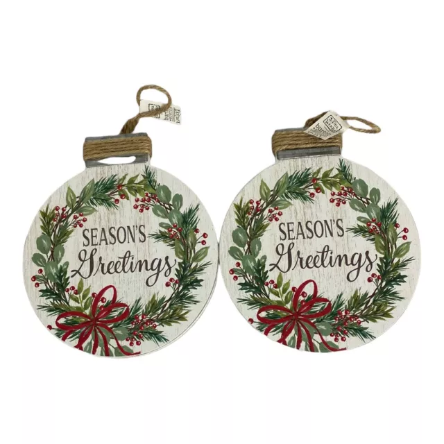 2 Seasons Greetings Wooden Hanging Ornament Rustic Farmhouse 5.5" Burlap NEW