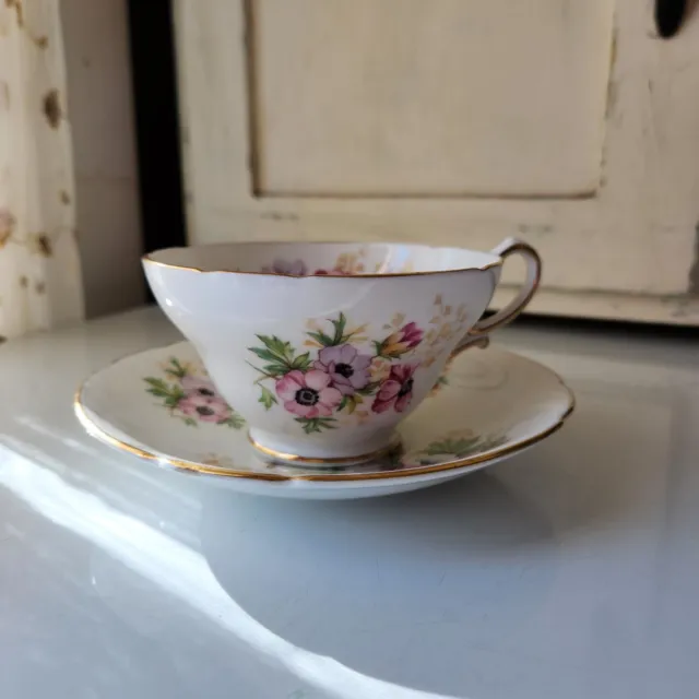 Vintage Stanley English Bone China Tea Cup & Saucer, Pink & Purple Flowers