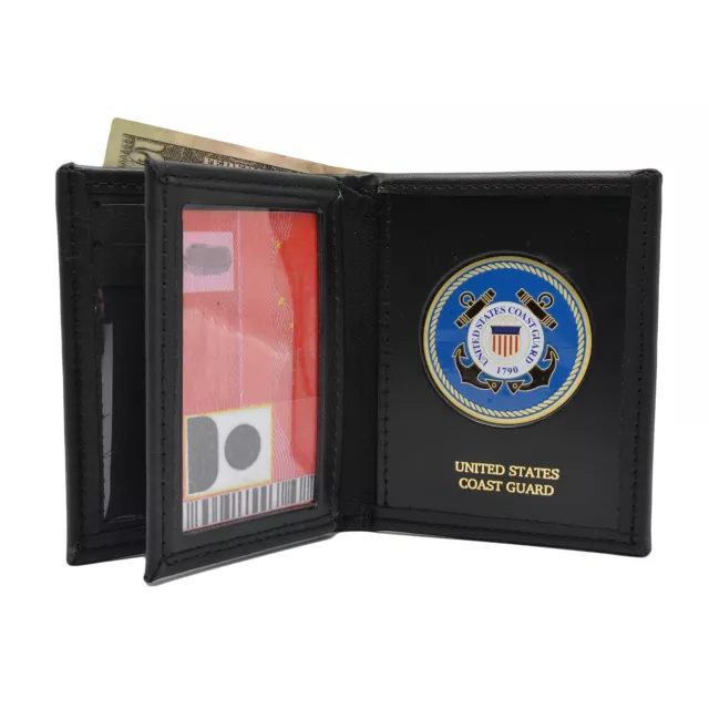 U S Coast Guard Medallion Wallet Military Veteran Leather Black Perfect Fit