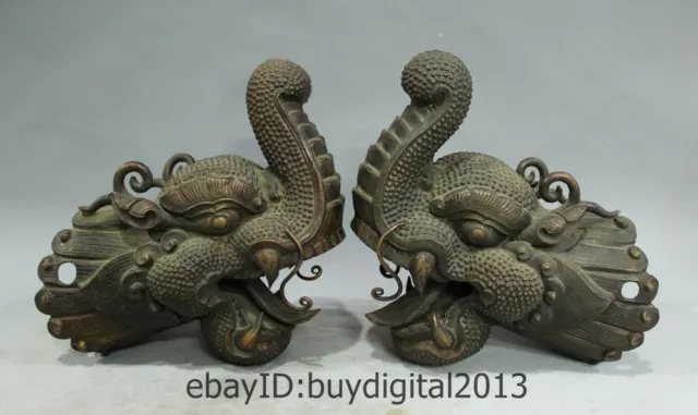 10" Chinese Tibet Buddhism Temple Bronze Lucky Dragon Head Statue Pair