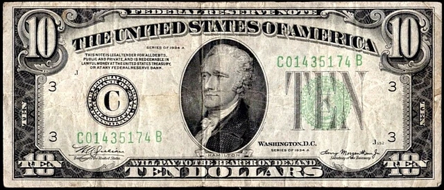 US Currency 1934 A $10 Federal Reserve Note C Philadelphia Green Seal FR 2006 C