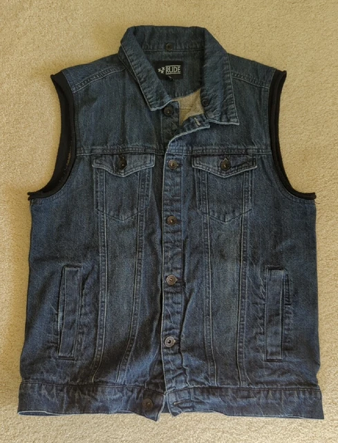 Rude Vest Adult Medium Blue Denim Hot Topic Button Up Sleeveless Pockets Jacket