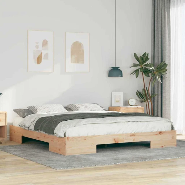 FLOOR BED FRAME with storage Brown Solid Pine Wood Sturdy Low Profile ...