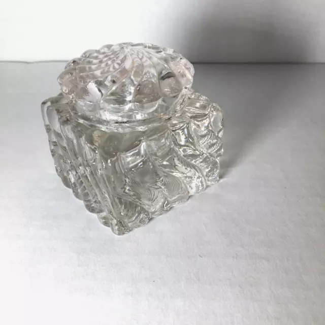 Cut Pressed glass jar with lid 2 1/2 inch square crème fragrance imperfect