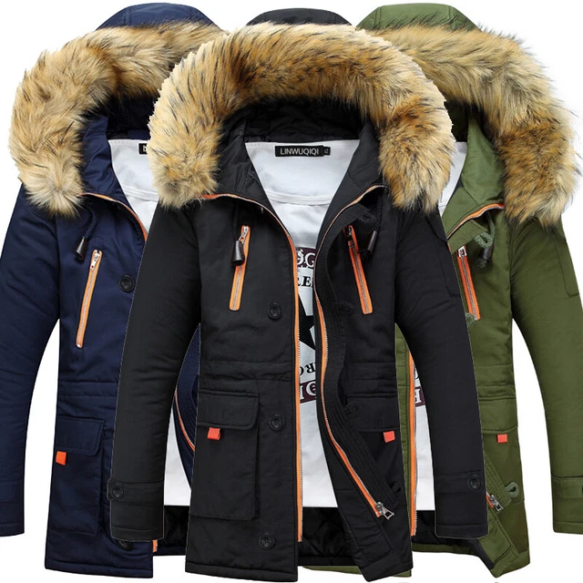 MENS TRENCH COAT Fur Hooded Winter Warm Parka Outdoor Jacket