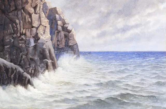 Dessin aquarelle tableau marine Bretagne côte rocheuse paysage Gilbert Gautier