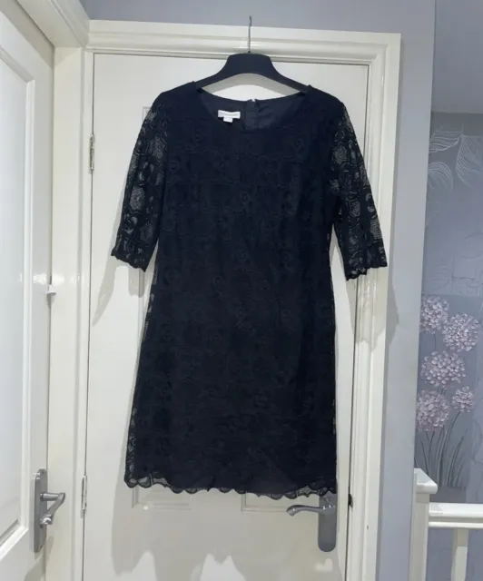 Monsoon Black Floral Lace Lined 3/4 Sleeve Shift Evening Dress UK 12 Party VGC