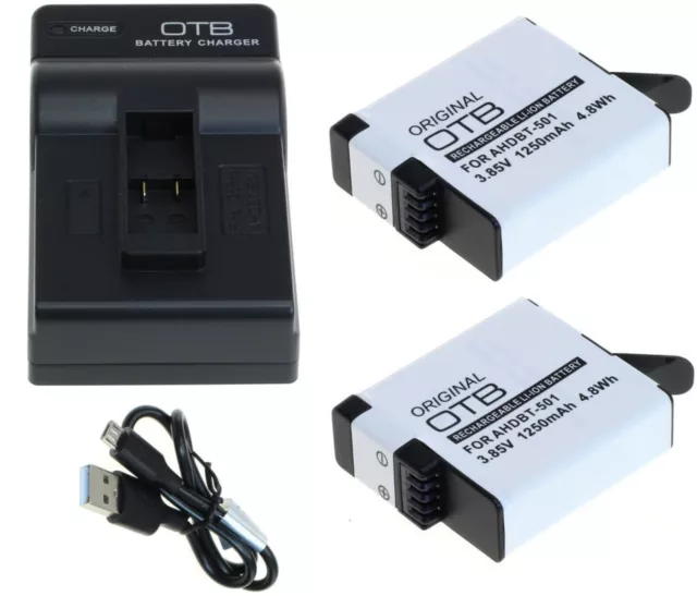 2x OTB Akku + USB Ladegerät Ladestation für GoPro Hero 5 6 7 8 Black