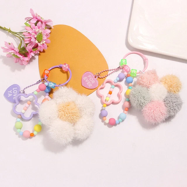 Lovely Plush Flower Keychain Colorful Bead Chain Keyring Backpack Pendant De LEI