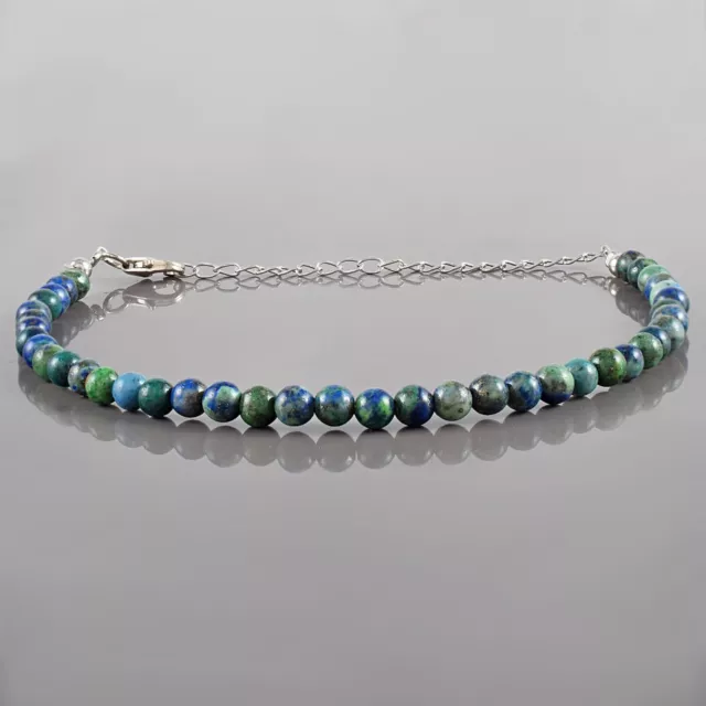 Natural Malaquita En Azurita 4mm Cuentas Redondas Cadena 925 Plata Mujer Pulsera