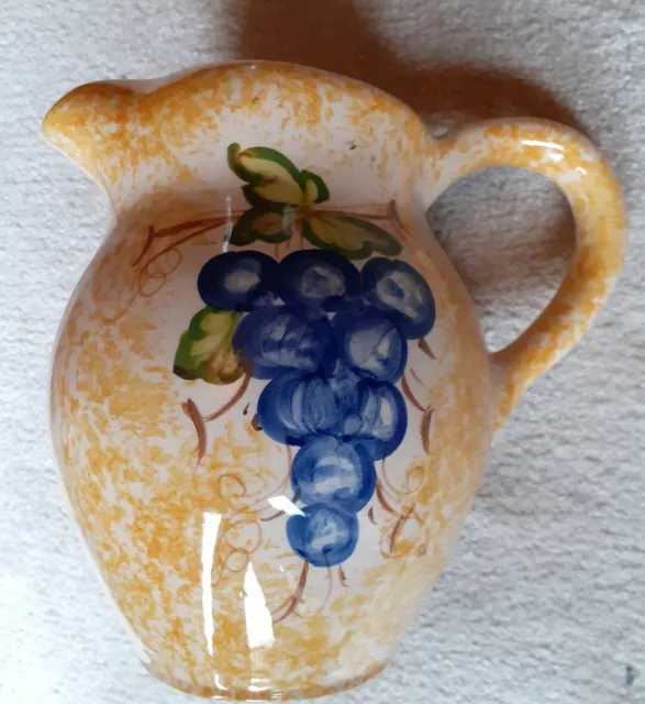 Jug Pitcher Ceramic Yellow Blue Peint main hand painted Grape Design Water Jug