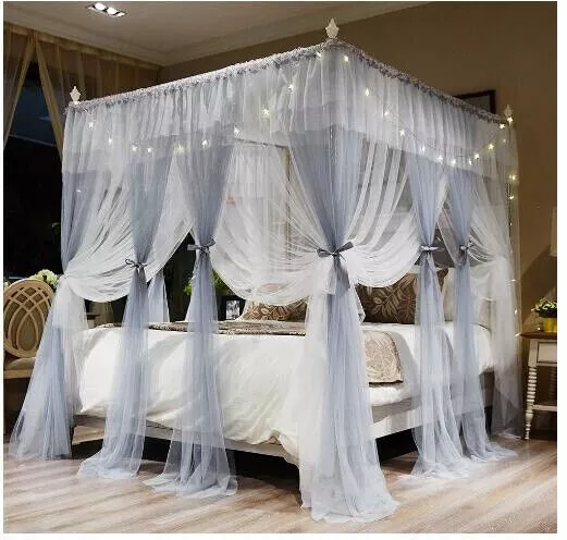 Double layer 4 Corner Bed Canopy Mosquito Net Queen Netting Mesh Curtain + LED