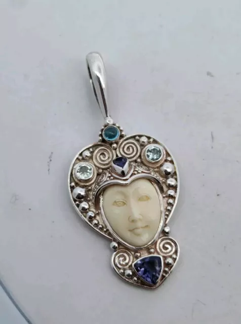 Sajen Sterling Silver Carved Goddess Design Pendant w/ Iolite & Blue Gems