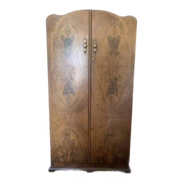 Vintage Art Deco Antique Gentleman's Wardrobe, Walnut Wood Unique Horse Veneer