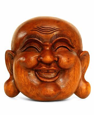 Wooden Wall Mask Laughing Smiling Happy Buddha Head Statue Hand Carved Sculpture
