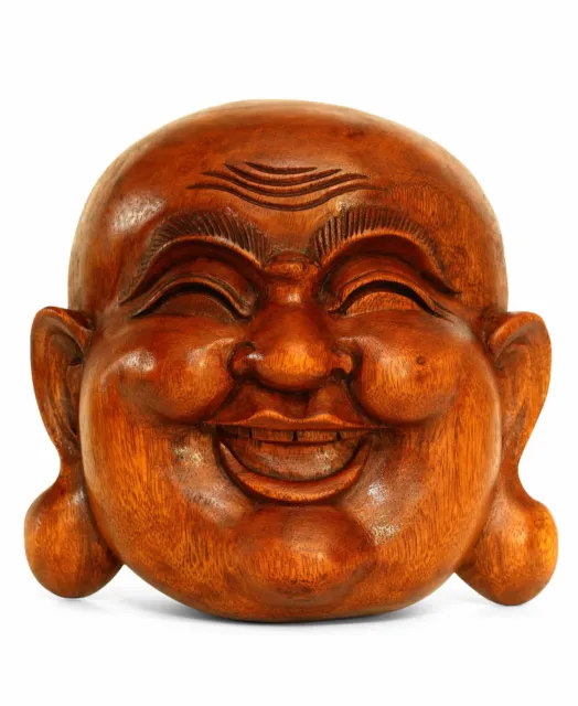 Wooden Wall Mask Laughing Smiling Happy Buddha Head Statue Hand Carved Sculpture