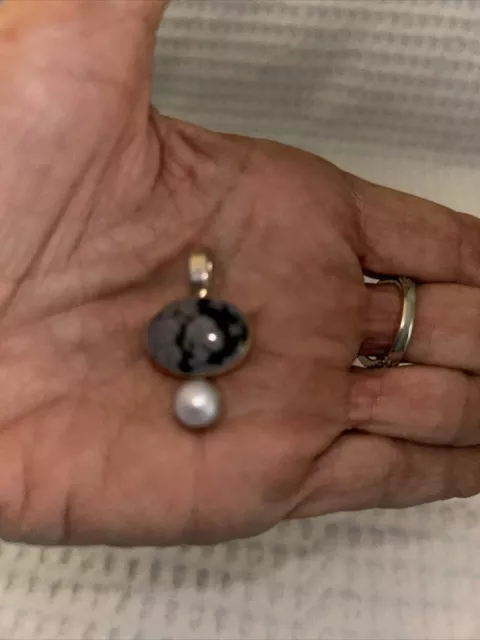 Snowflake Obsidian  & Pearl Pendant Set In 925 Sterling Silver, Beautiful