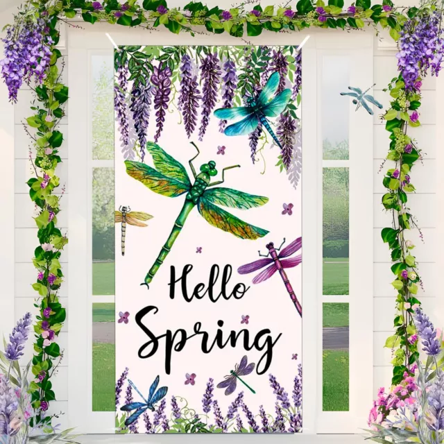 Hello Spring Door Cover Welcome Spring Door Banner Decorations Dragonfly Wist...