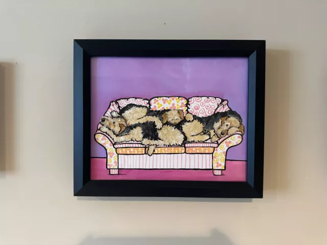 AIREDALE TERRIER Original Painting By Peach Pops 11.5x9.5 3 Airedales On Sofa