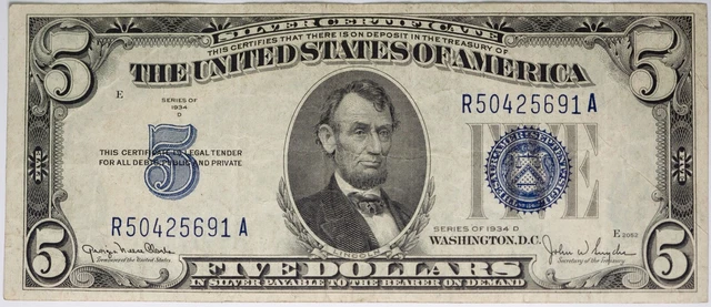 1934 D Five Dollar Blue Seal Note Silver Certificate Old US Bill $5  Currency
