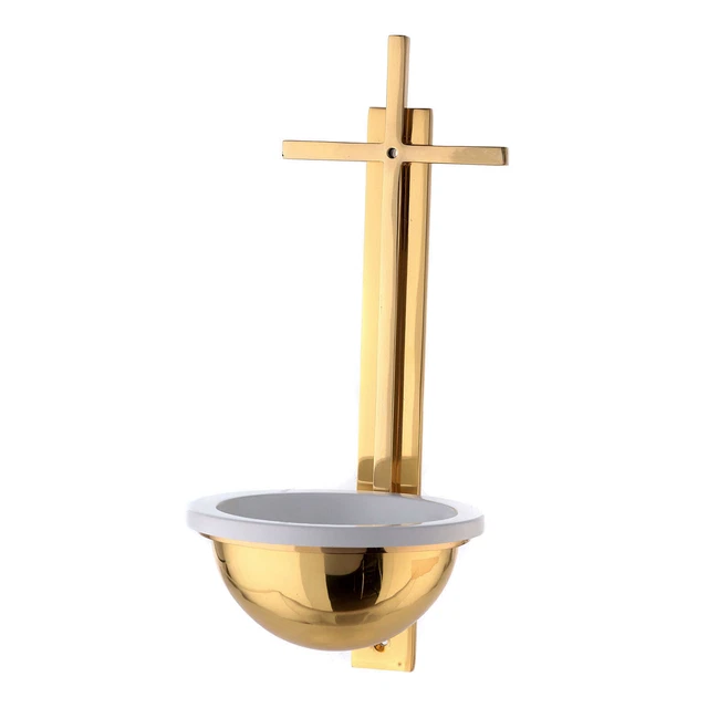 Acquasantiera croce piatta ottone dorato 31 cm