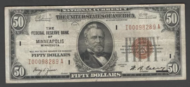 US National Currency $50 - Series of 1929, FR1880I Minneapolis Bank, Circulated