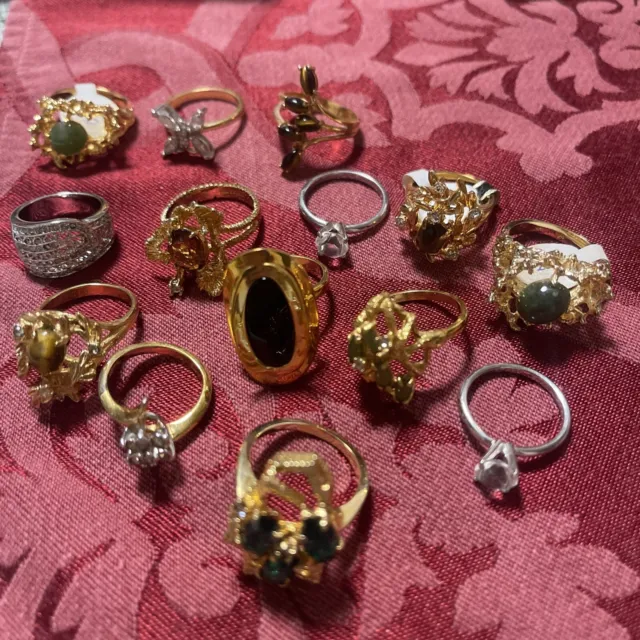 VINTAGE COSTUME JEWELRY 14 RING LOT Misc SIZES, Tiger Eye, Gold Plated