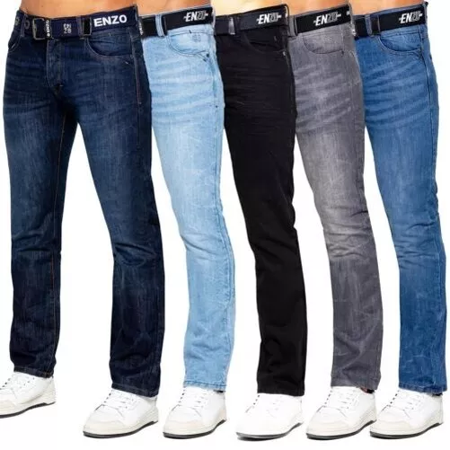 Enzo Jeans Jambe Droite Coupe Standard Hommes Pantalon Gratuit Ceinture UK Sizes