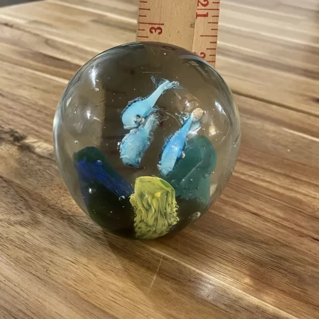 Art Glass Paperweight Fish Ocean Reef Blue Green Bubbles