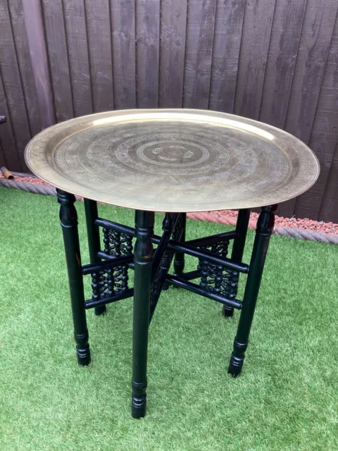 Antique Vintage Islamic Folding Wooden table with Brass Top Ebonised Occasional