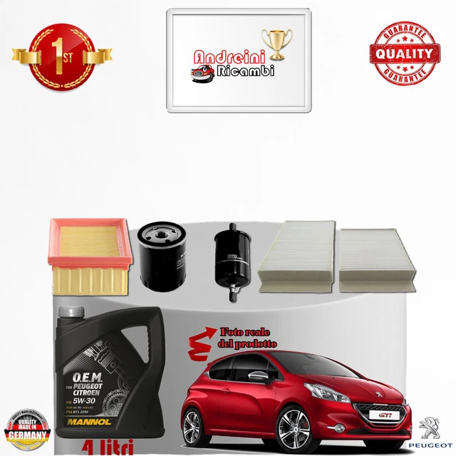 Kit Tagliando Completo Per Peugeot 208 1.2 VTi 60KW - 4 Filtri + 4 Litri Olio Motore Specifico (dal 2012)