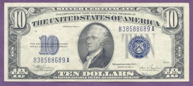 1934-C $10 Silver Certificate, Ten Dollars, Crisp AU or Better, True Auction