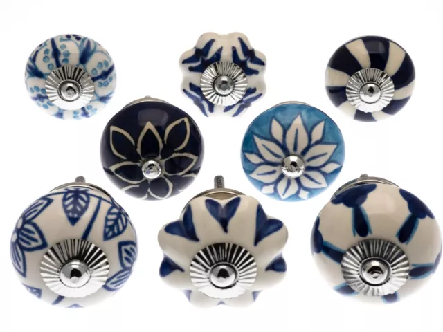 Cobalt Blue and White Ceramic Cupboard Kitchen Door Knobs Hand Painted Set of 8