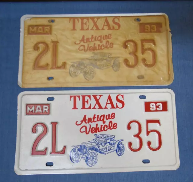 Texas 1993 Antique Vehicle License Plate Auto Set Pair Classic Embossed 2L 35