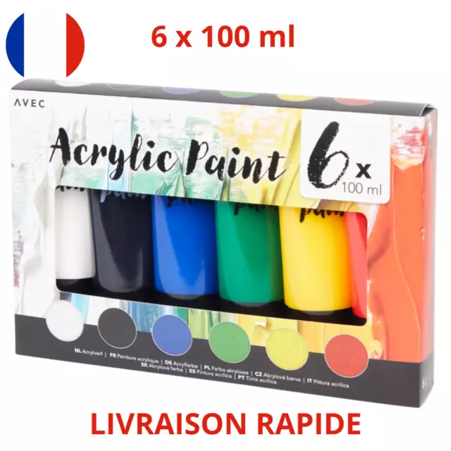 Tube de peinture 6 X 100ml Acrylique artiste couleur primaire pinceau neuf