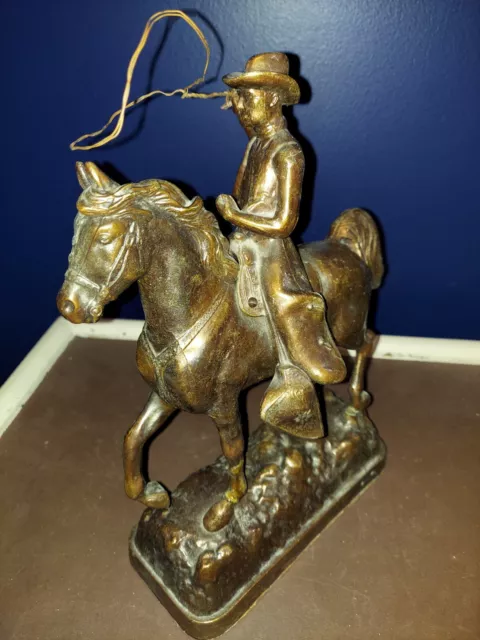 BRONZED METAL RODEO COWBOY on HORSE VINTAGE