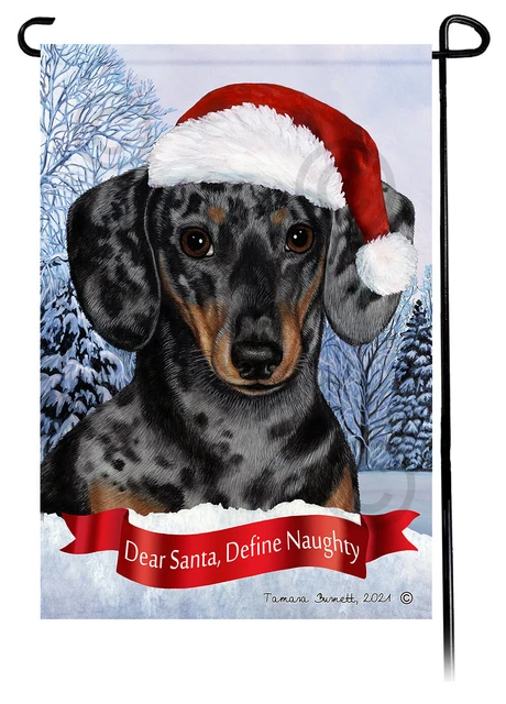 Dear Santa, Define Naughty Garden Flag - Light Black & Tan Dapple Dachshund 049C