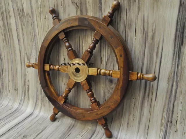 18"Nautical Wooden Ship Steering Wheel Pirate Decor Wood Brass Fishing Wall Boat