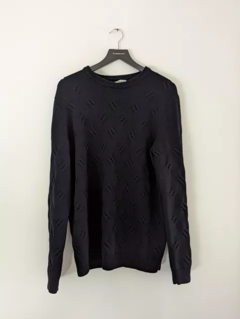 Reiss Astro Navy Blue Wool Blend Textured Knit Crew Neck Men's Pullover