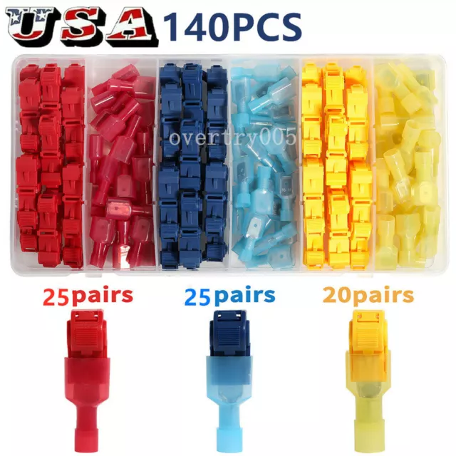 140PCS Insulated 22-10AWG T-Taps Quick Splice Wire Connectors Spade Terminal Kit