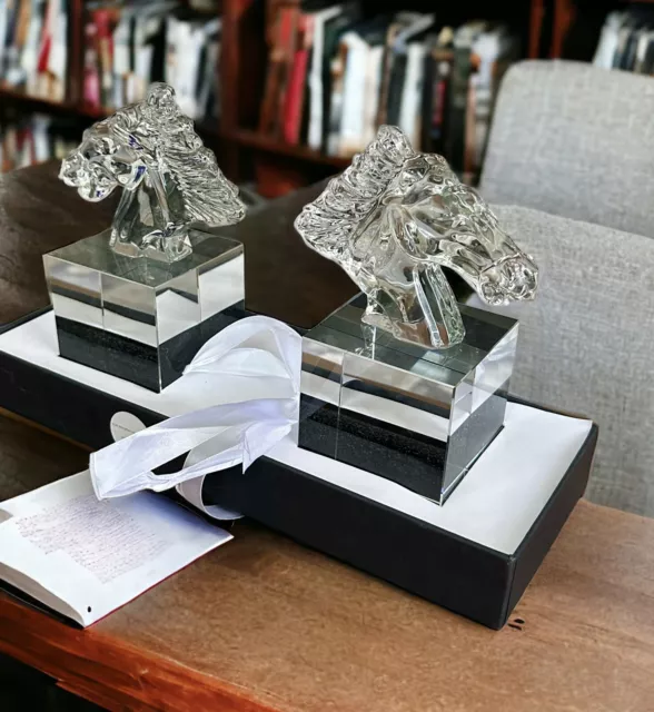 Set of 2 Clear Contemporary Crystal Horse Head Bookends  6" x 3" x 5" NWB