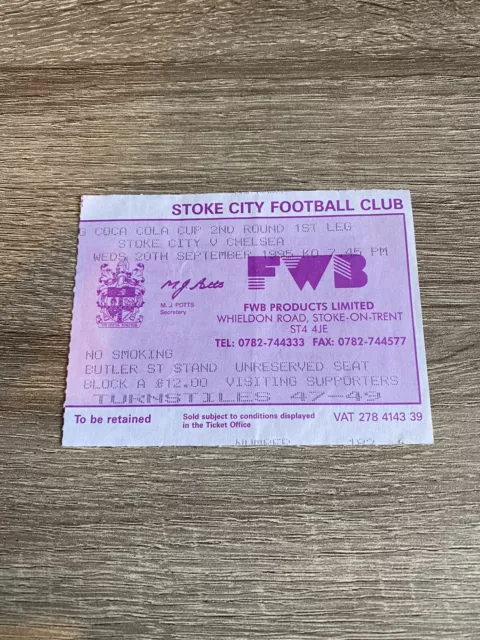 Stoke City V Chelsea Coca Cola Cup 20/09/95 1995-96 Ticket Stub
