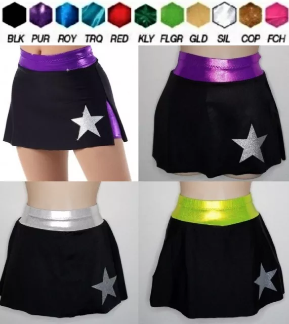 Sidelines SKORT SKIRT Attached SHORTS w/STAR Dance Costume Black w/FLG, PUR, SIL
