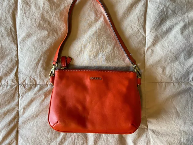 Fossil Leather Handbag Memoir Top Zip Bright Orange Small Purse Imperfect